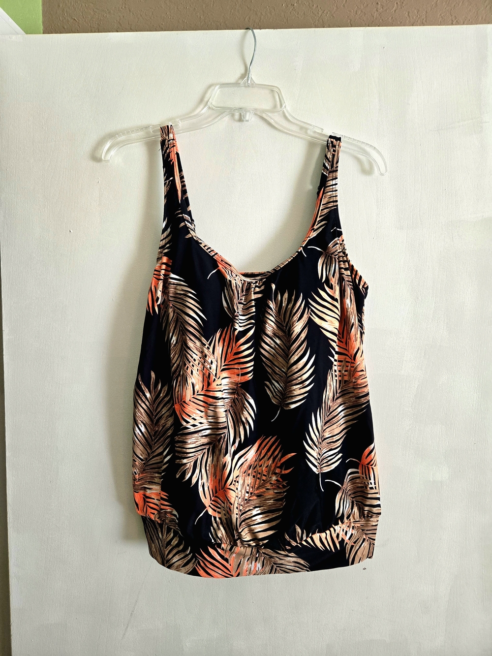 Women’s Navy Tropical Leaf Print Tankini Top - Orange & Cream